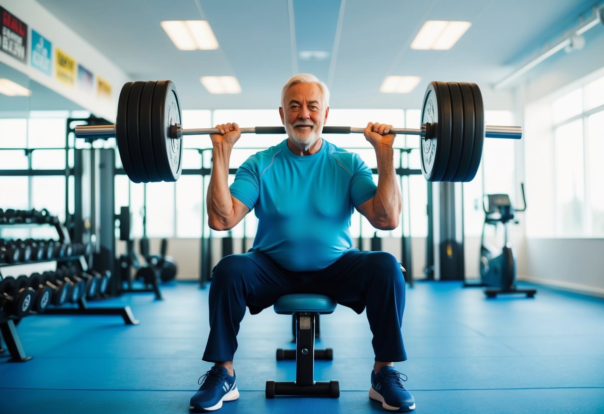 An elderly person lifting weights in a bright, spacious gym surrounded by exercise equipment and motivational posters