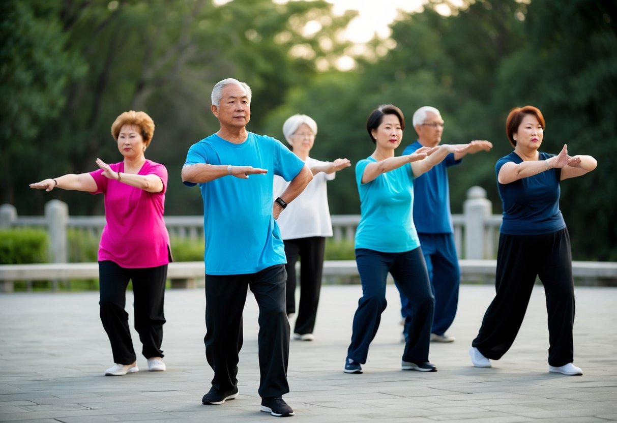 A diverse group of individuals practice Tai Chi in a peaceful outdoor setting, each demonstrating their unique age and ability while overcoming challenges