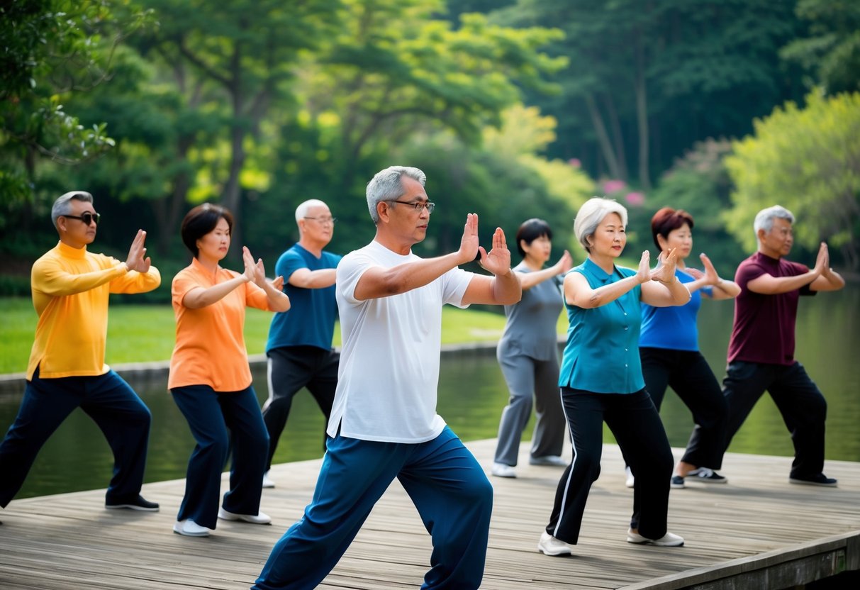 A group of people of various ages and backgrounds practicing the Chen Style of Tai Chi in a serene outdoor setting, surrounded by lush greenery and calm waters