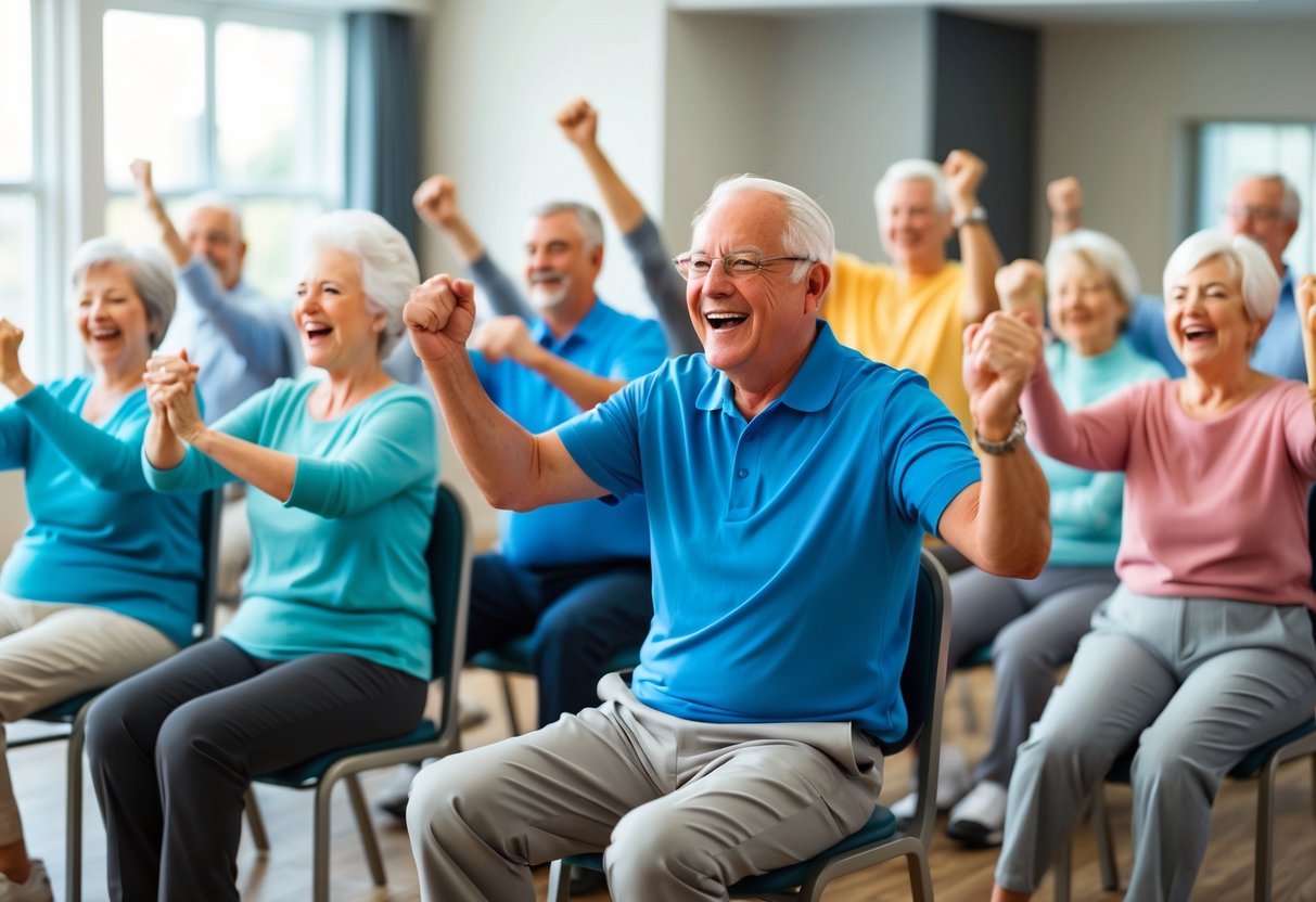 A group of seniors engage in chair-based isometric exercises led by a community activities chair. The room is filled with laughter and encouragement