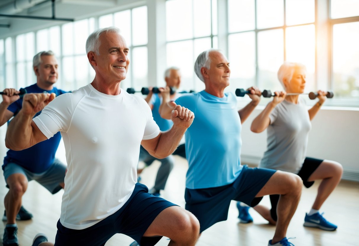 A group of seniors performing isometric and dynamic exercises in a bright and spacious gym setting, with an instructor guiding them through the movements
