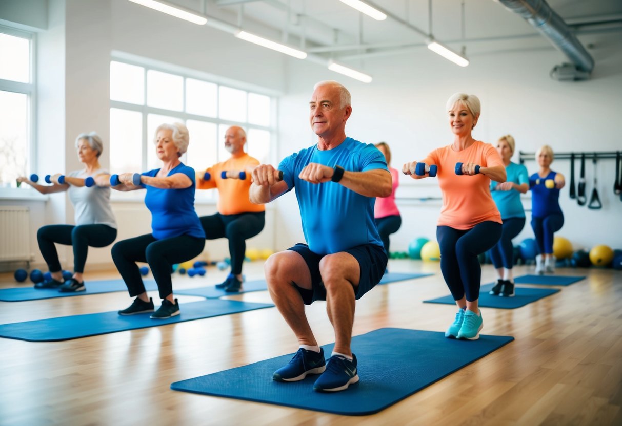 A group of seniors performing isometric and dynamic exercises in a bright, spacious gym with various equipment and mats