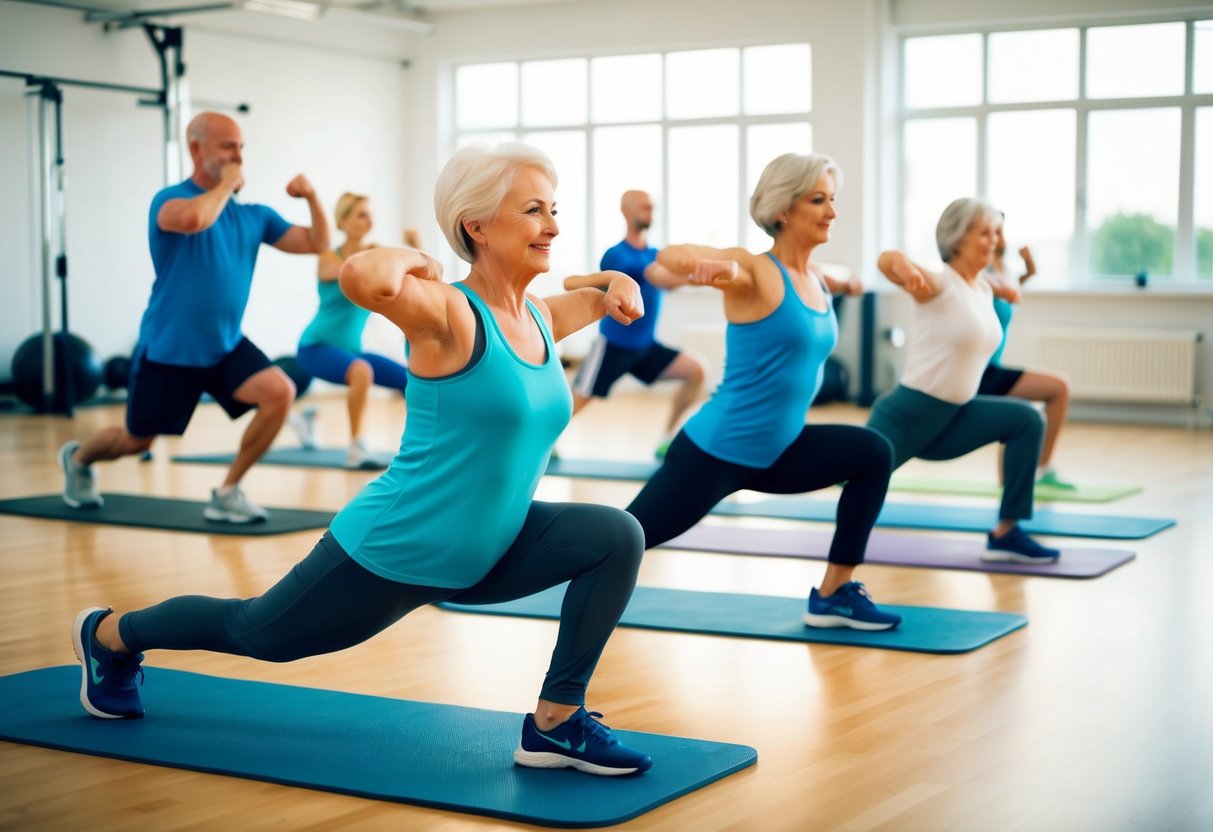 A group of seniors performing isometric and dynamic exercises in a bright, spacious gym with various equipment and mats