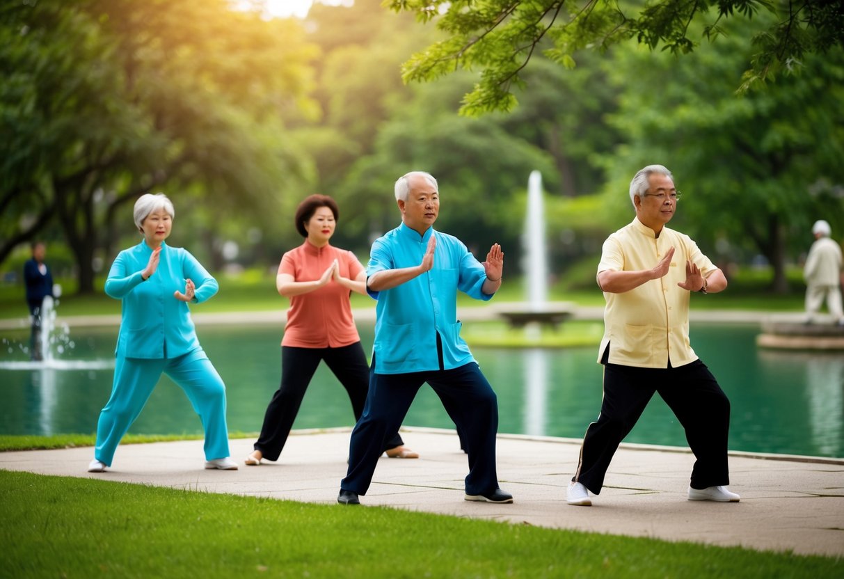 A group of seniors practicing Tai Chi in a peaceful park setting, surrounded by lush greenery and tranquil water features