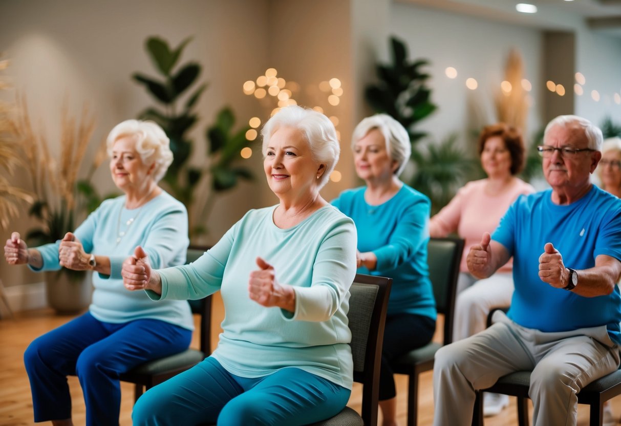 A group of seniors sitting in chairs, practicing gentle isometric exercises while surrounded by calming elements like soft lighting and nature-inspired decor