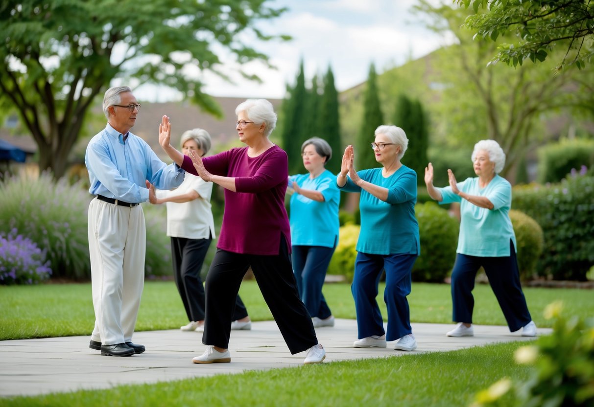 A group of seniors with visual impairments practice Tai Chi in a peaceful garden, guided by a patient instructor. They move gracefully, overcoming challenges with determination