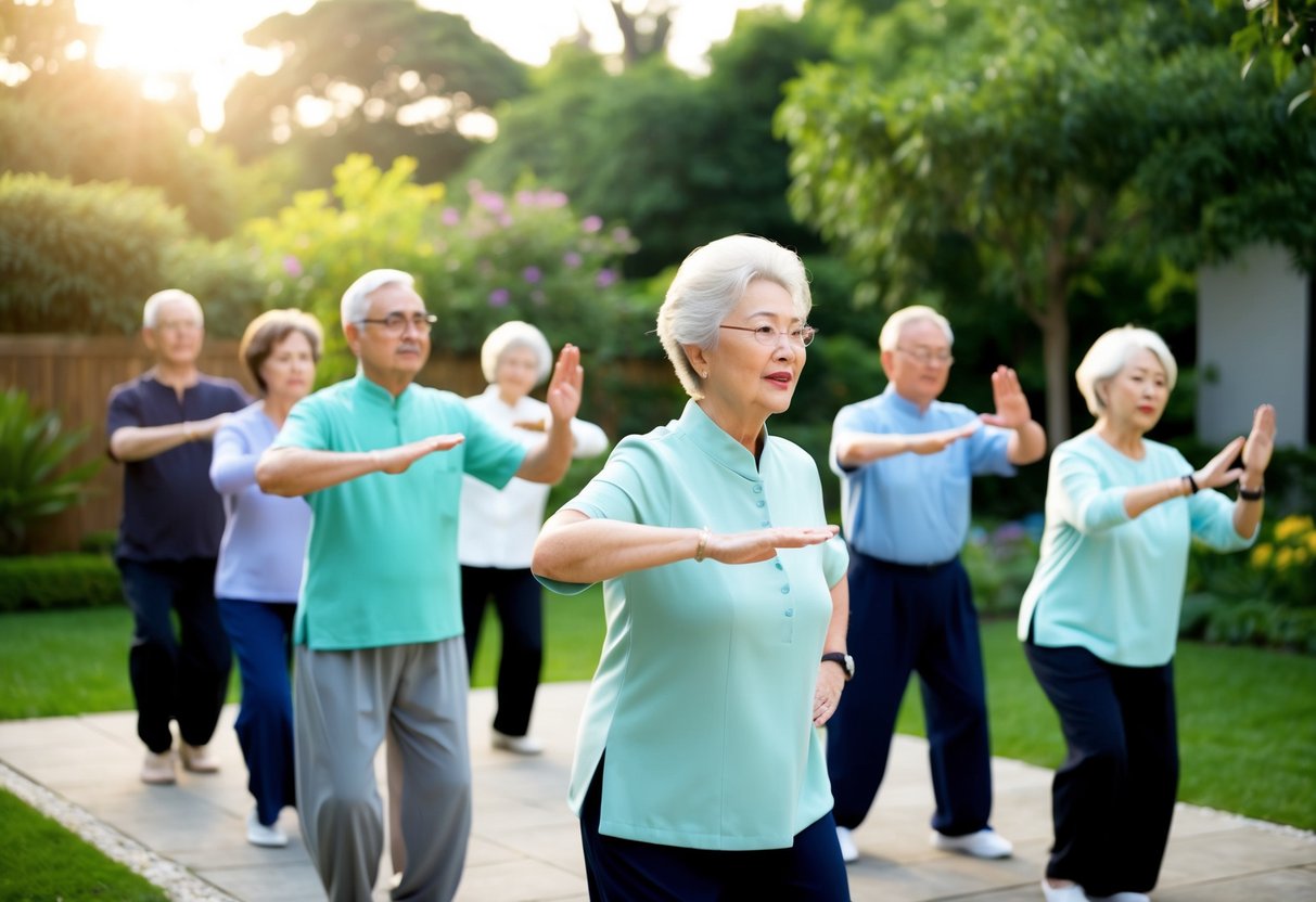 A group of seniors with visual impairments practice Tai Chi in a serene garden, guided by an instructor using verbal cues and gentle movements