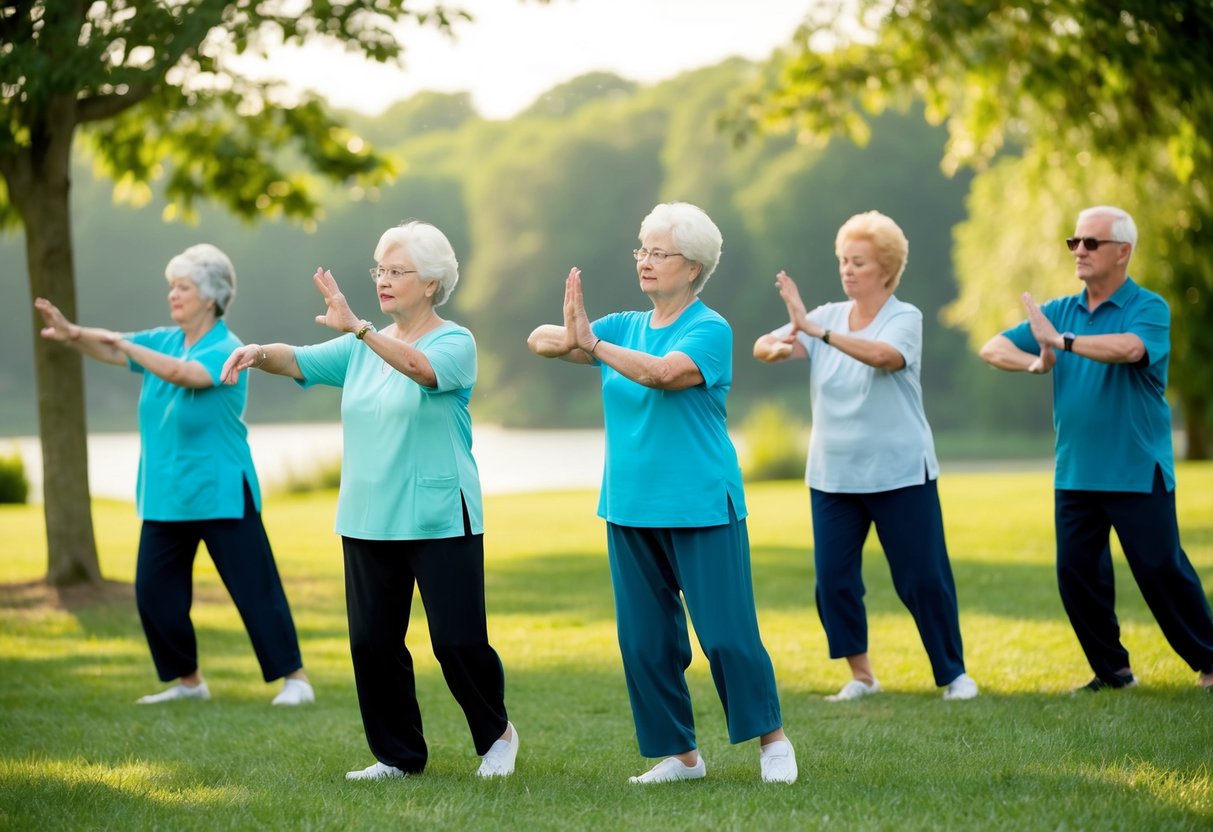 A group of seniors with visual impairments practice Tai Chi in a serene outdoor setting, guided by a skilled instructor