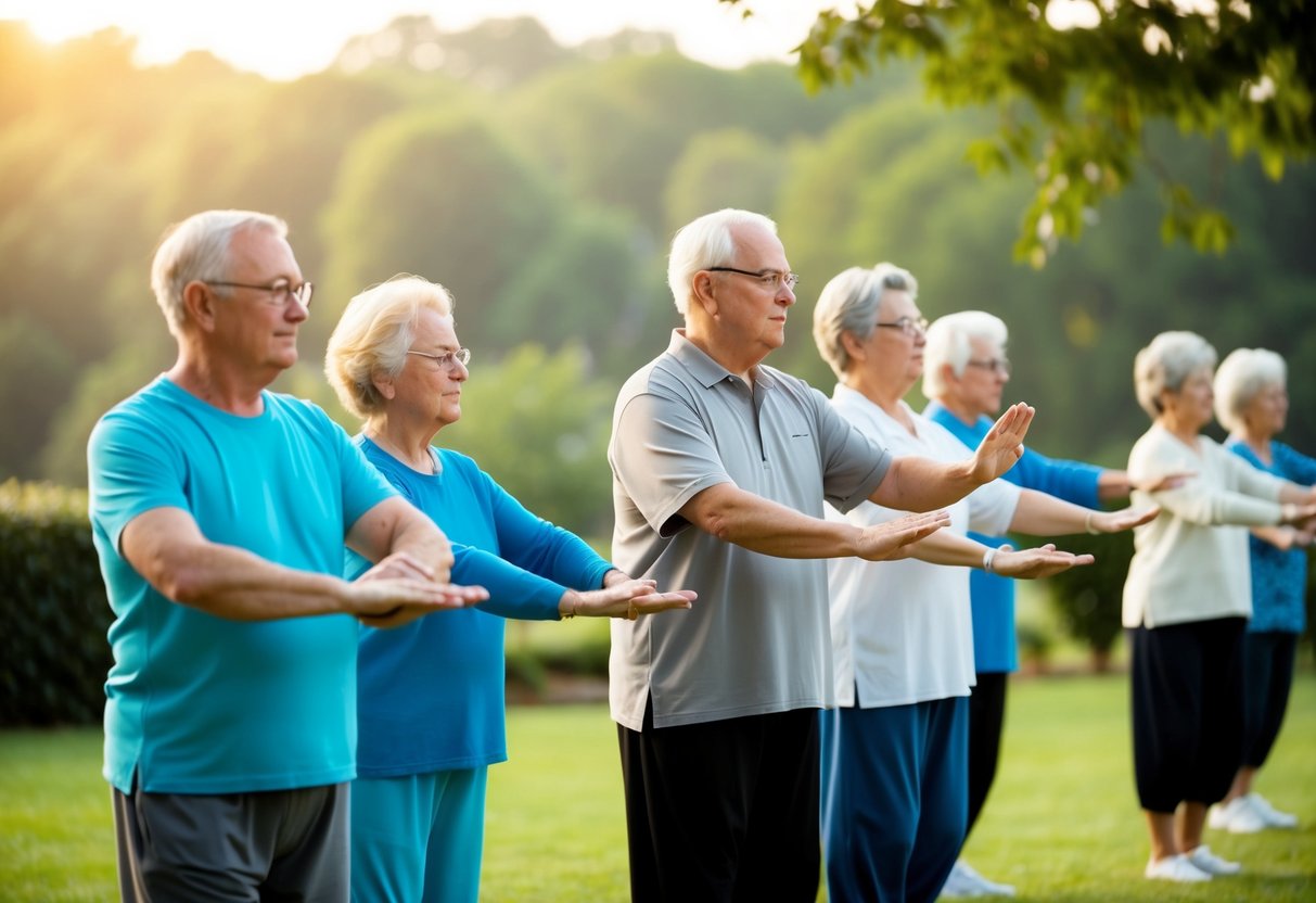 A group of seniors with visual impairments practicing Tai Chi in a serene outdoor setting, guided by an instructor