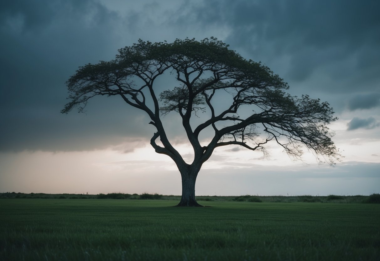 A lone tree stands strong against a stormy sky, its branches bending but not breaking, symbolizing the resilience and determination needed to overcome challenges in Tai Chi practice