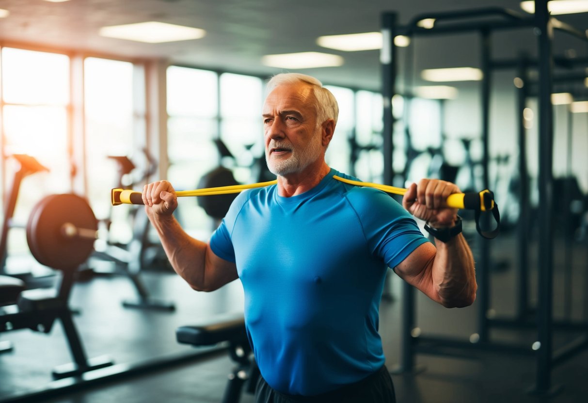 A senior in a gym uses resistance bands to perform isometric exercises, focusing on strength and stability
