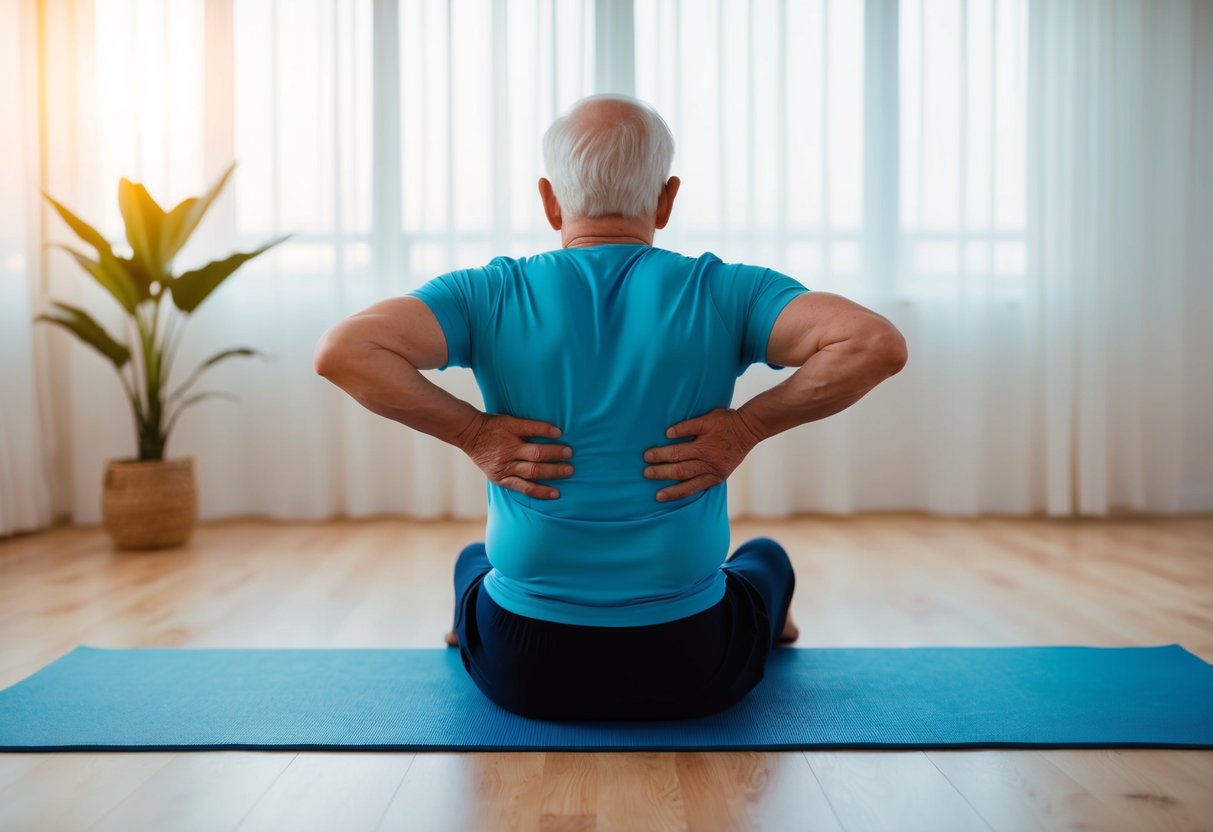 A senior performing isometric exercises in a peaceful, well-lit room to reduce back pain