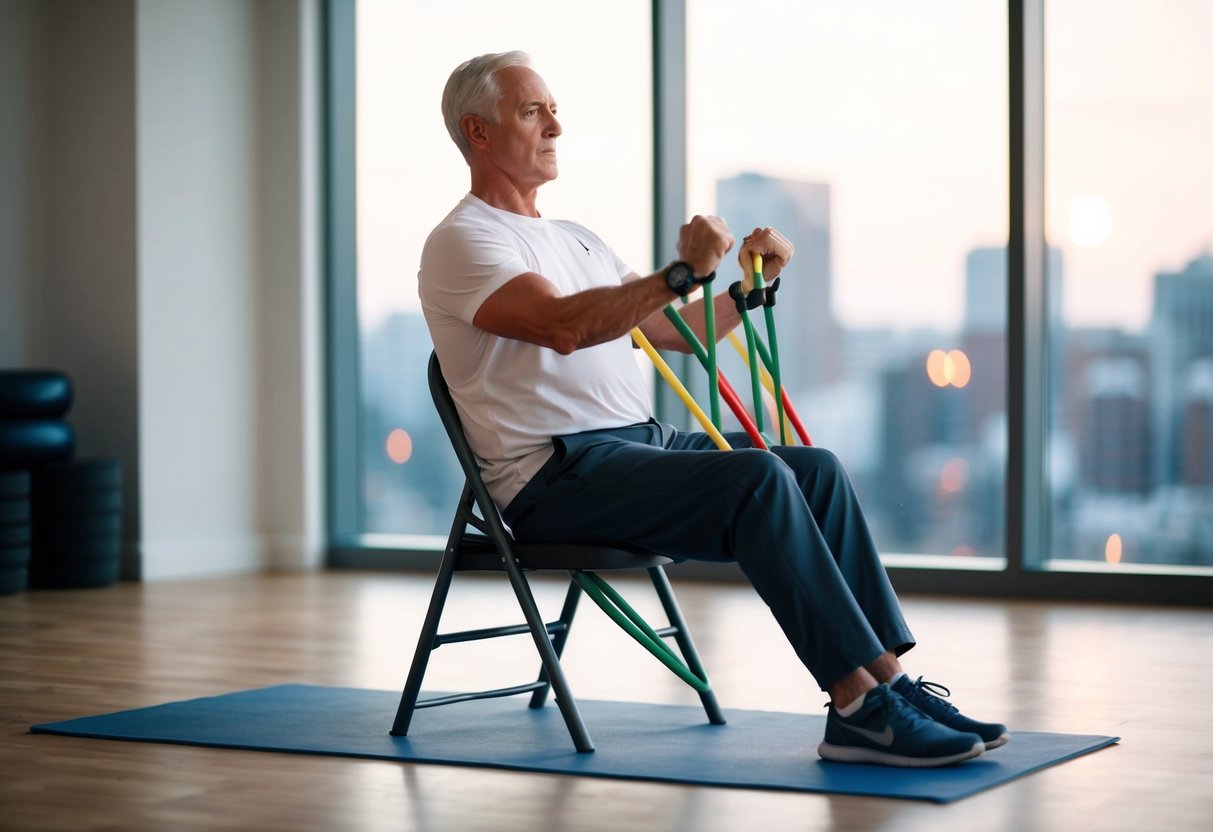 A senior performs isometric exercises using resistance bands and a chair, with a focus on strength and balance
