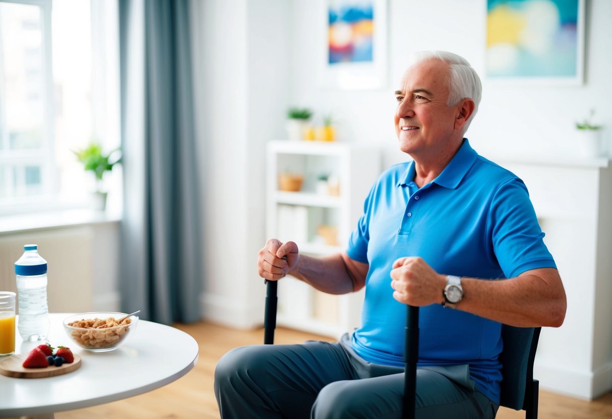 A senior sits in a chair, performing isometric exercises. A table nearby holds healthy snacks and a water bottle. The room is bright and inviting