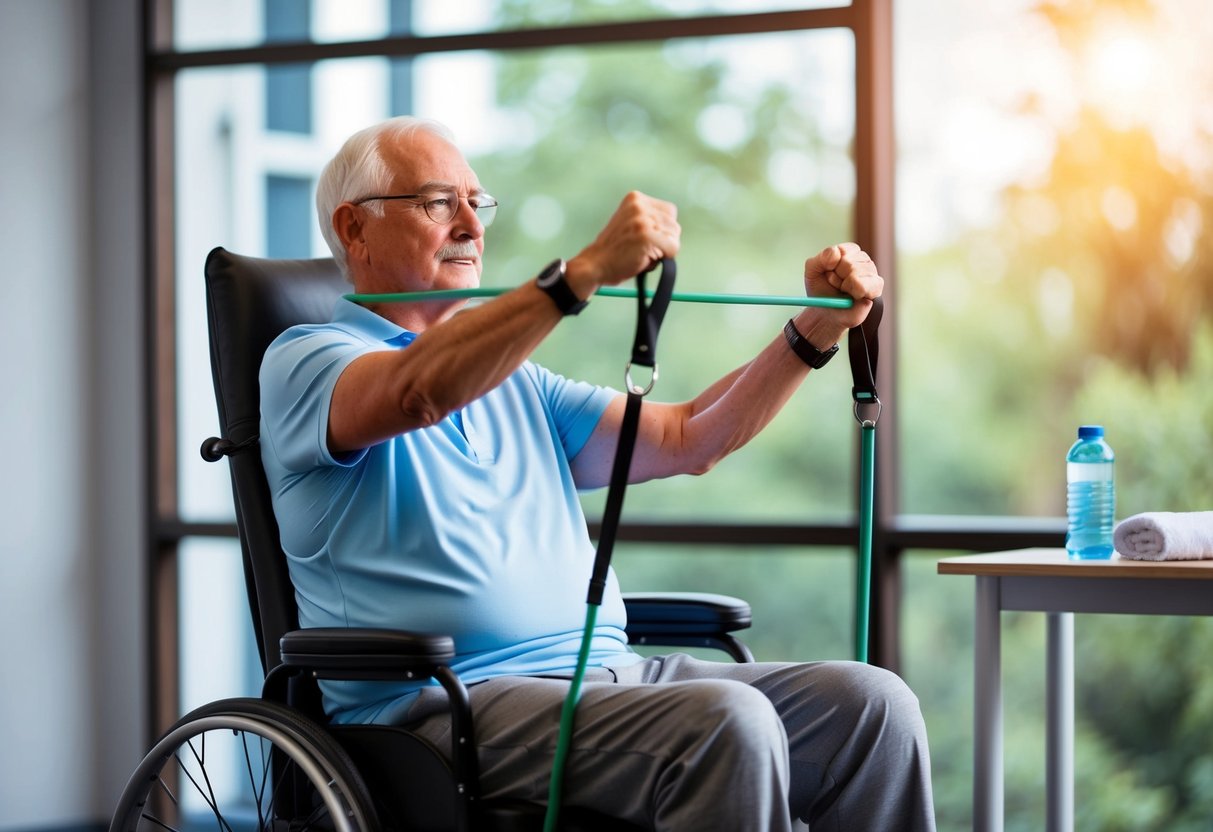 A senior sits in a sturdy chair, performing isometric exercises with a resistance band. A water bottle and towel are nearby for hydration and comfort