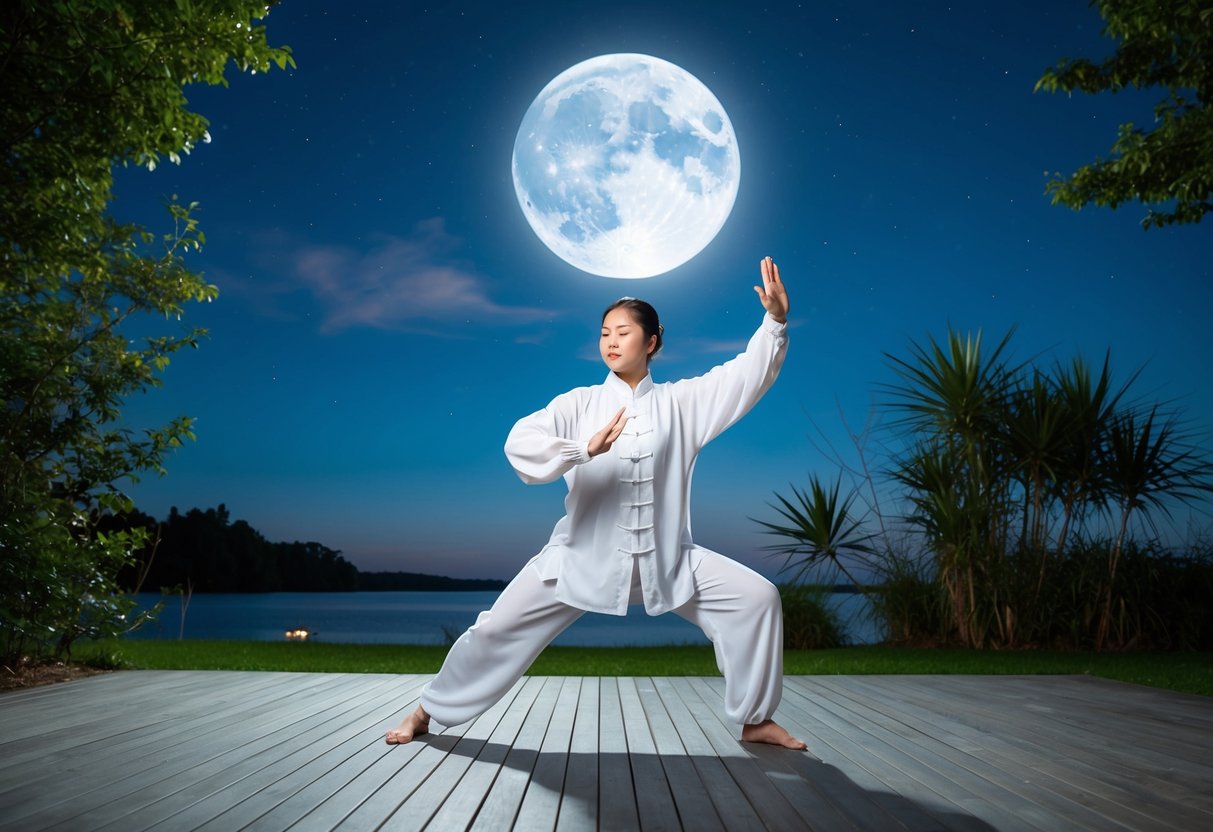 A serene figure performing Tai Chi under a moonlit sky, surrounded by tranquil nature