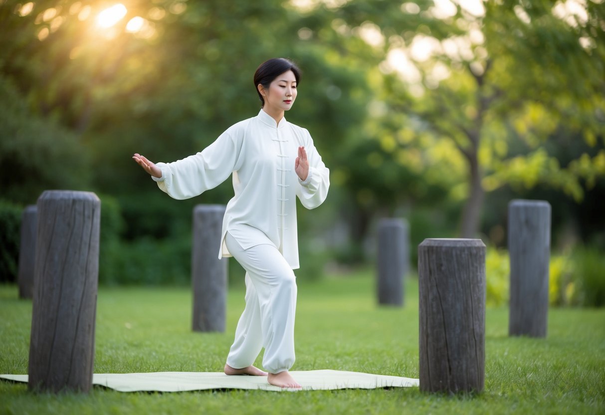 A serene figure performs Tai Chi in a peaceful outdoor setting, surrounded by nature and overcoming obstacles in their practice
