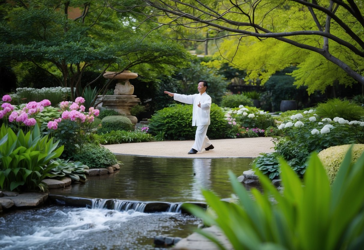 A serene garden with a flowing stream, surrounded by lush greenery and blooming flowers, where a lone figure practices the graceful and deliberate movements of Chen Style Tai Chi