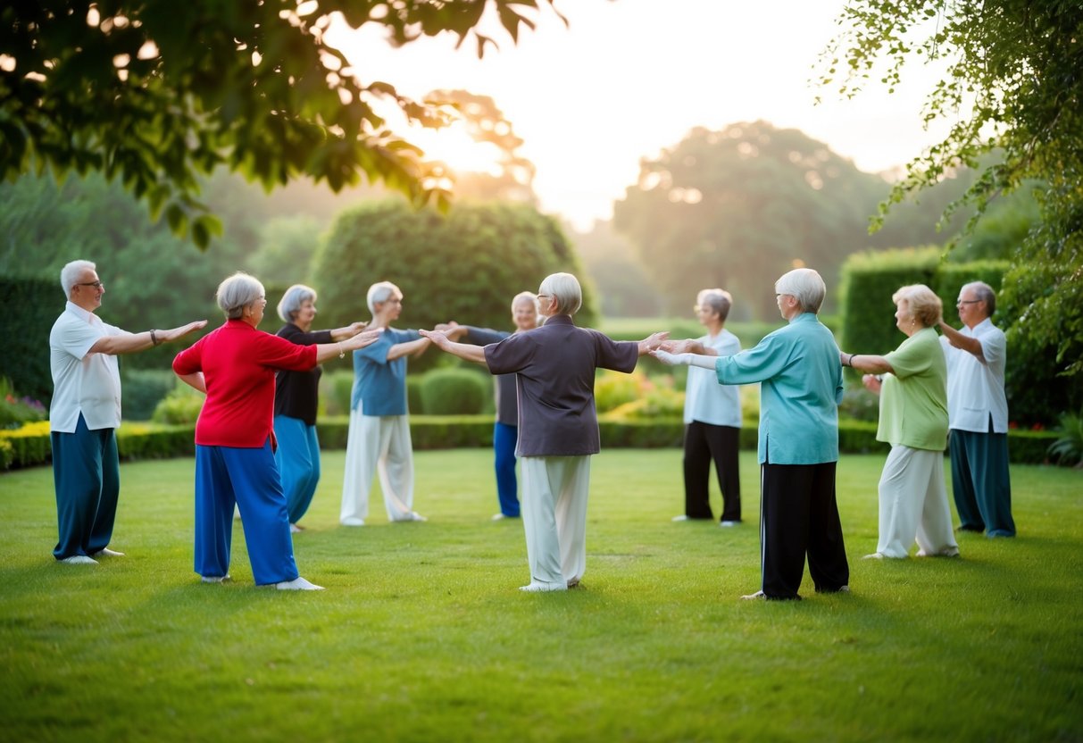 A serene garden with a gentle breeze, a group of seniors practicing Tai Chi in a circle, guided by an instructor
