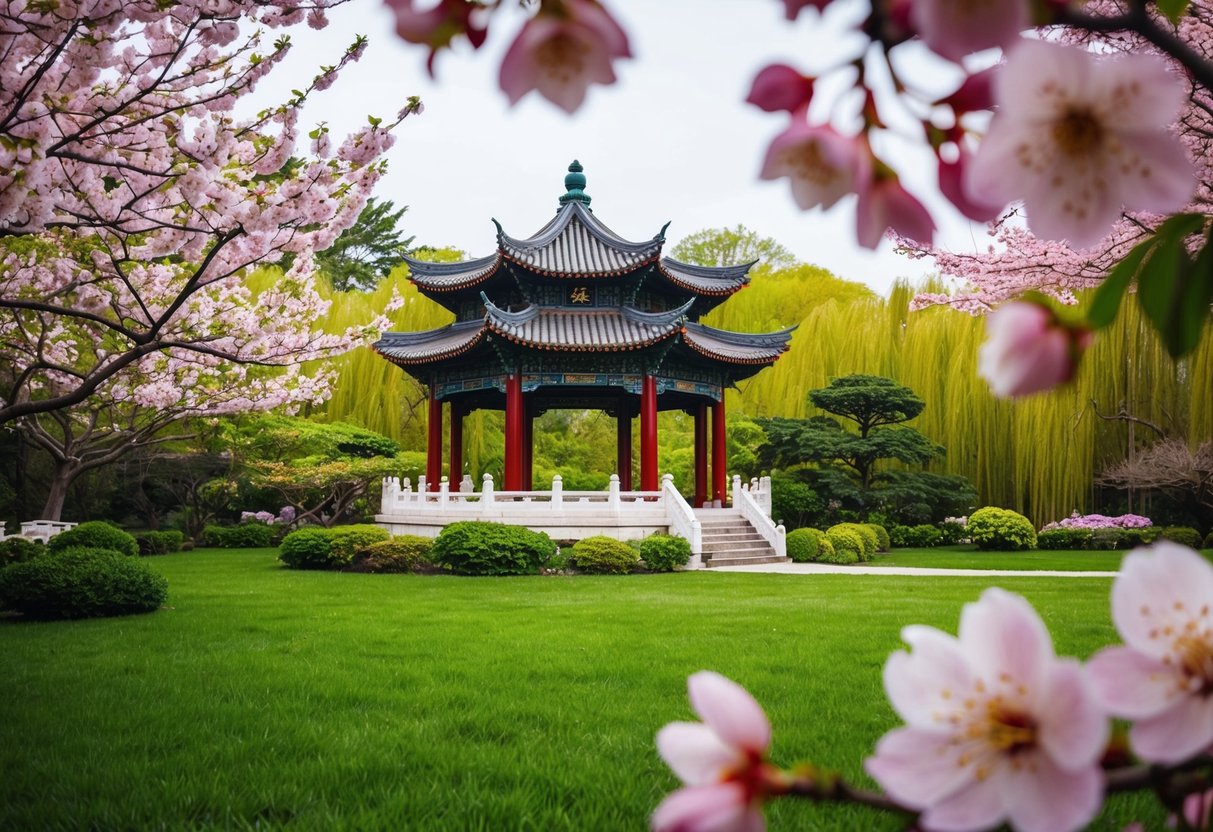 A serene garden with a traditional Chinese pavilion, surrounded by lush greenery and blooming cherry blossom trees