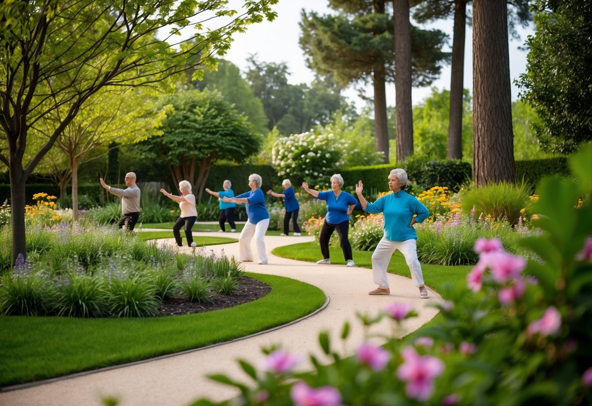 A serene garden with a winding path, surrounded by fragrant flowers and tall trees. A gentle breeze rustles the leaves as a group of seniors practice Tai Chi