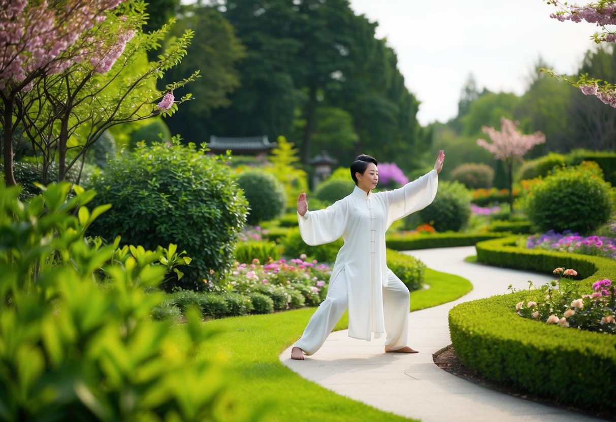 A serene garden with a winding path, surrounded by lush greenery and blooming flowers. A figure in flowing robes performs precise and graceful movements, embodying the principles of Chen Style Tai Chi