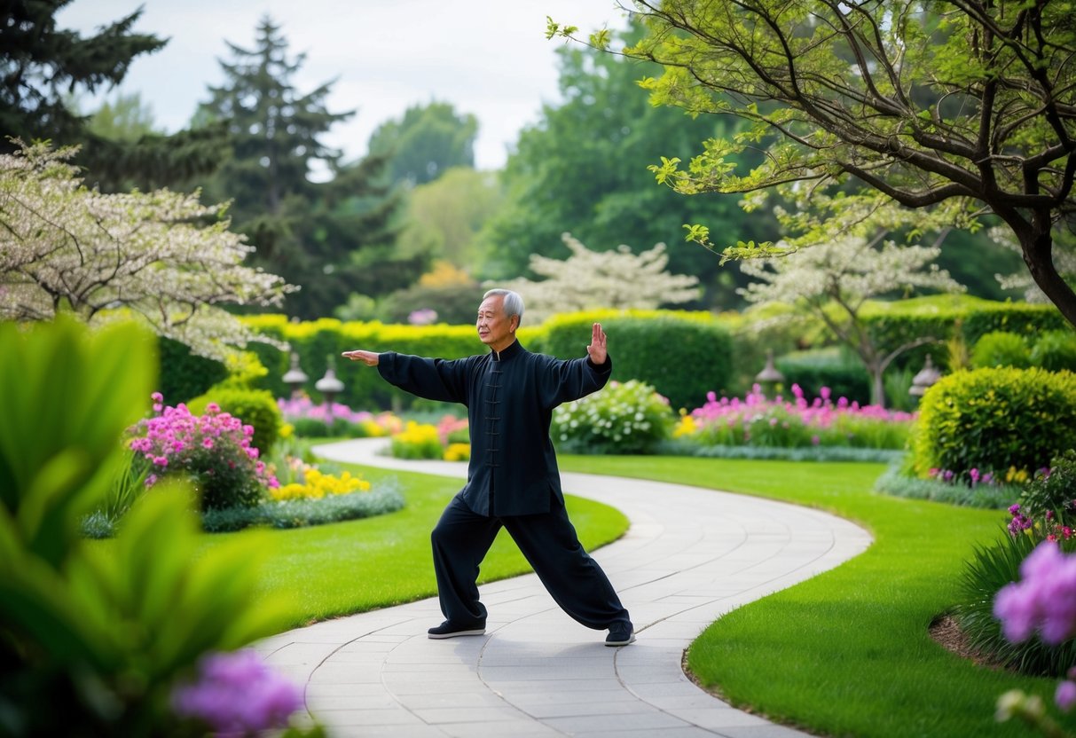 A serene garden with a winding path, surrounded by lush trees and blooming flowers, where a master performs the precise movements of Chen Style Tai Chi