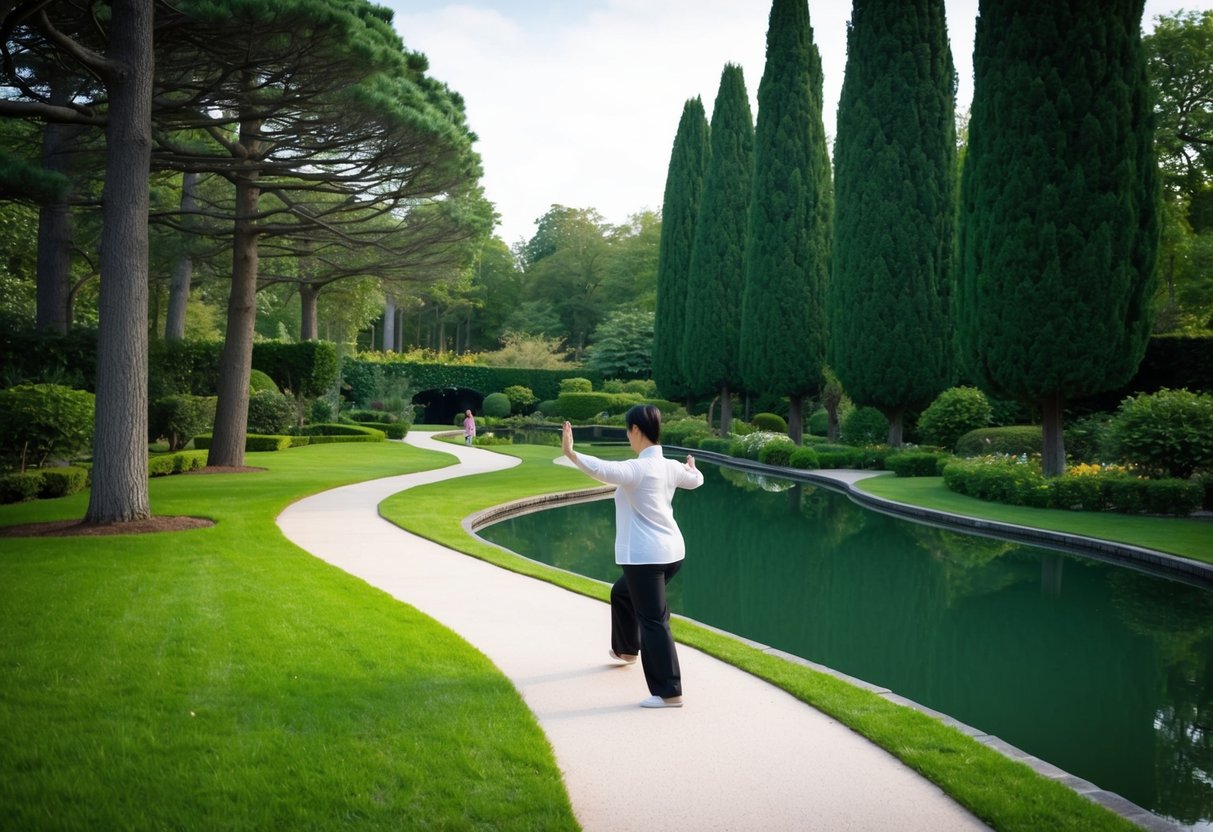 A serene garden with a winding path, surrounded by tall trees and a calm pond, where a person practices Tai Chi alone