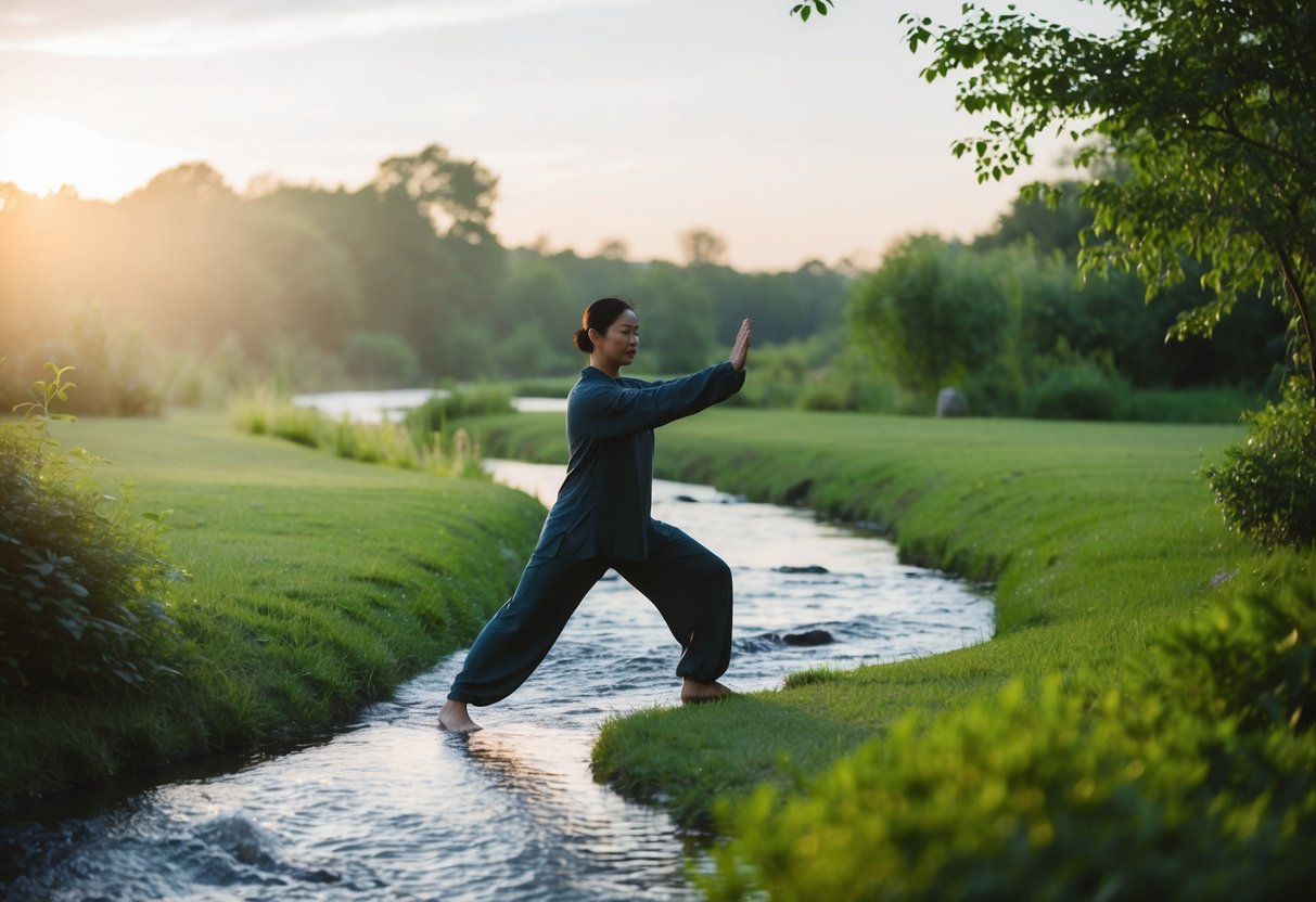 A serene outdoor setting with a calm, flowing stream and lush greenery, where a figure appears to be practicing Tai Chi in the early morning light