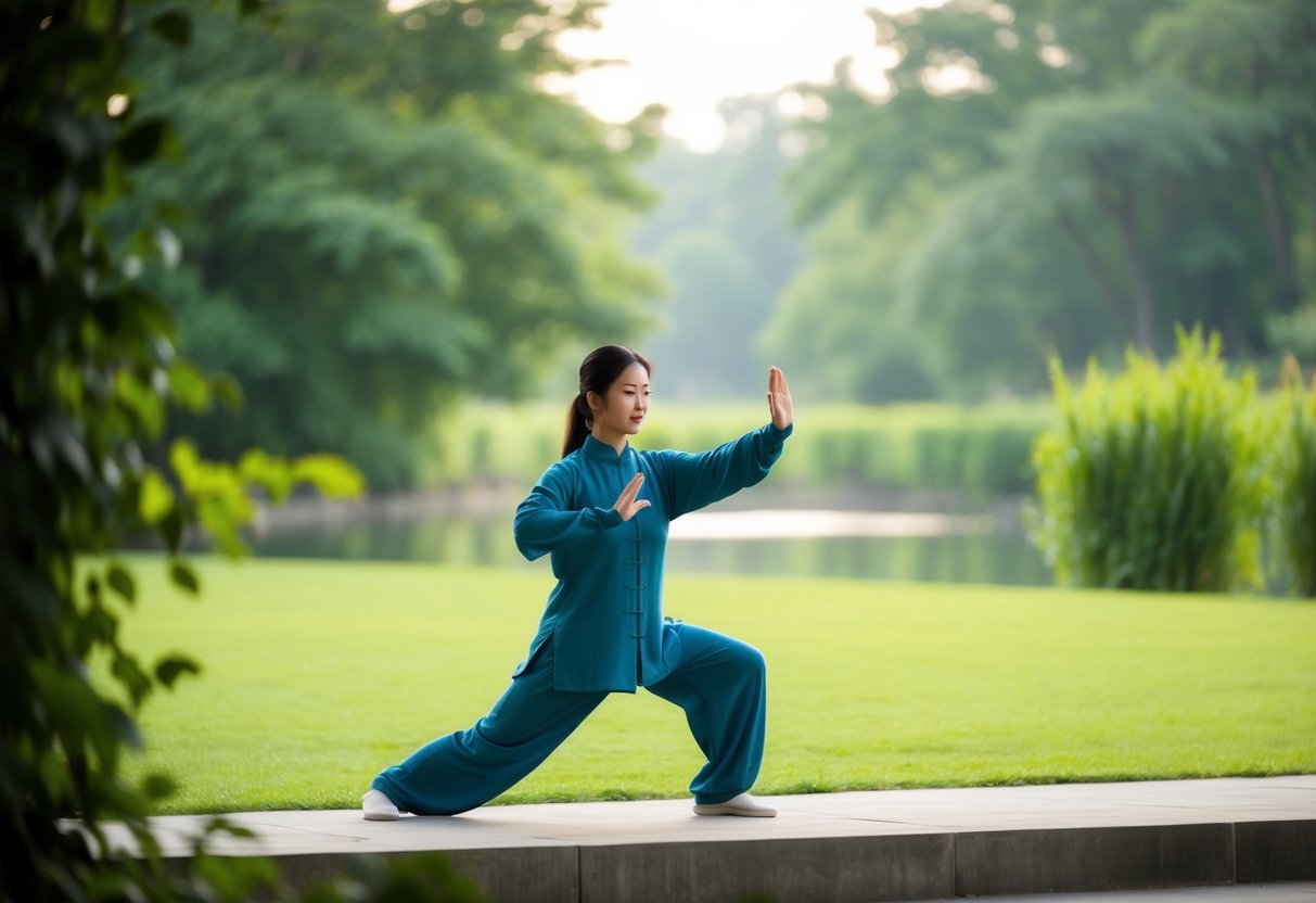 A serene outdoor setting with a lone figure practicing Tai Chi, surrounded by lush greenery and a tranquil atmosphere