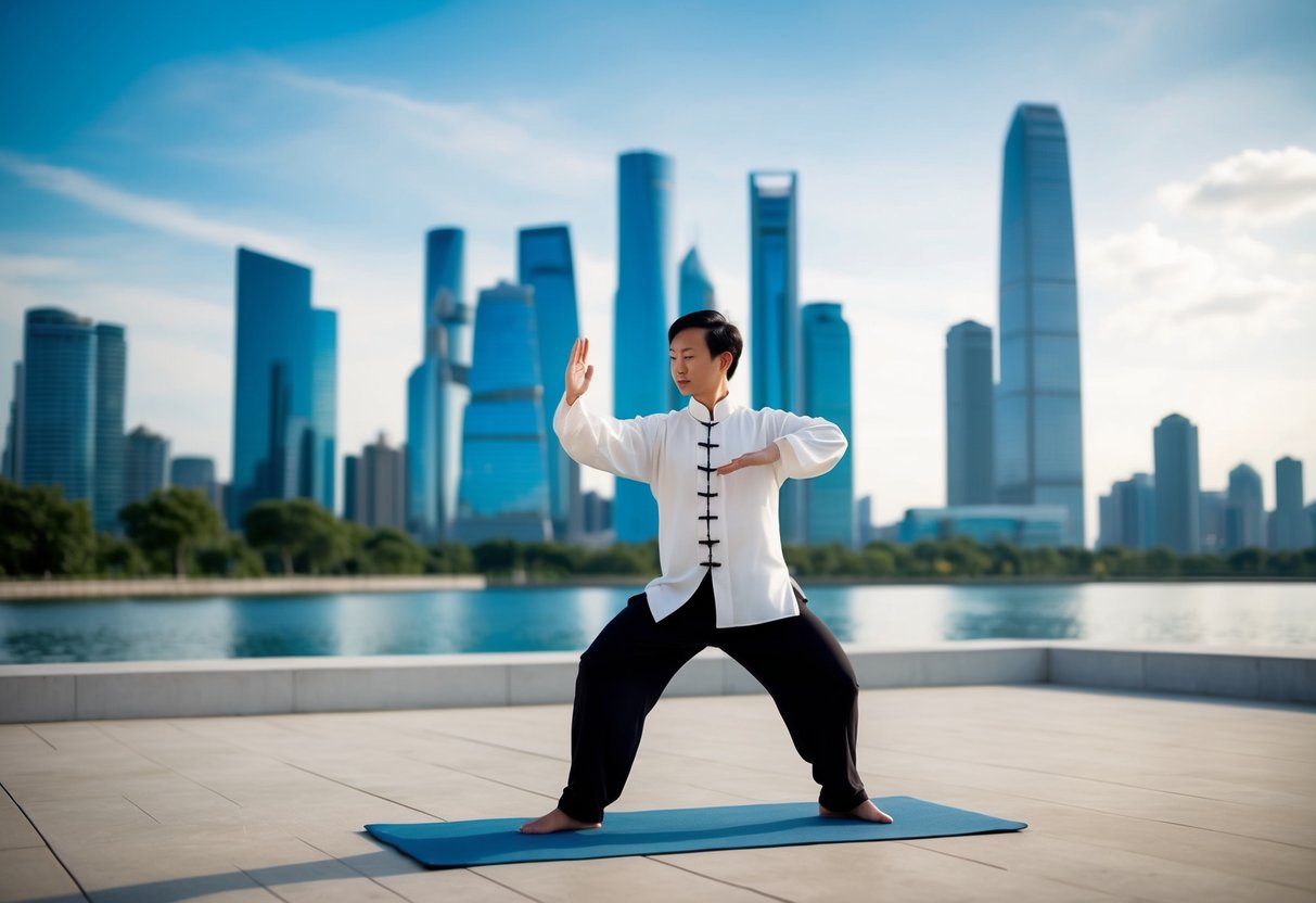 A serene outdoor setting with a modern city skyline in the background, showcasing a practitioner performing the Chen Style of Tai Chi with precision and grace