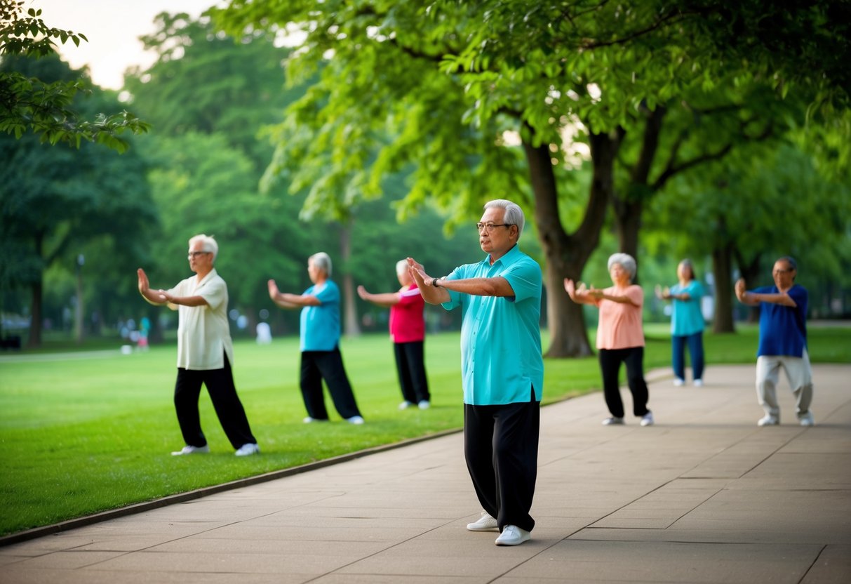 A serene park setting with a group of seniors practicing Tai Chi, surrounded by lush greenery and a sense of tranquility