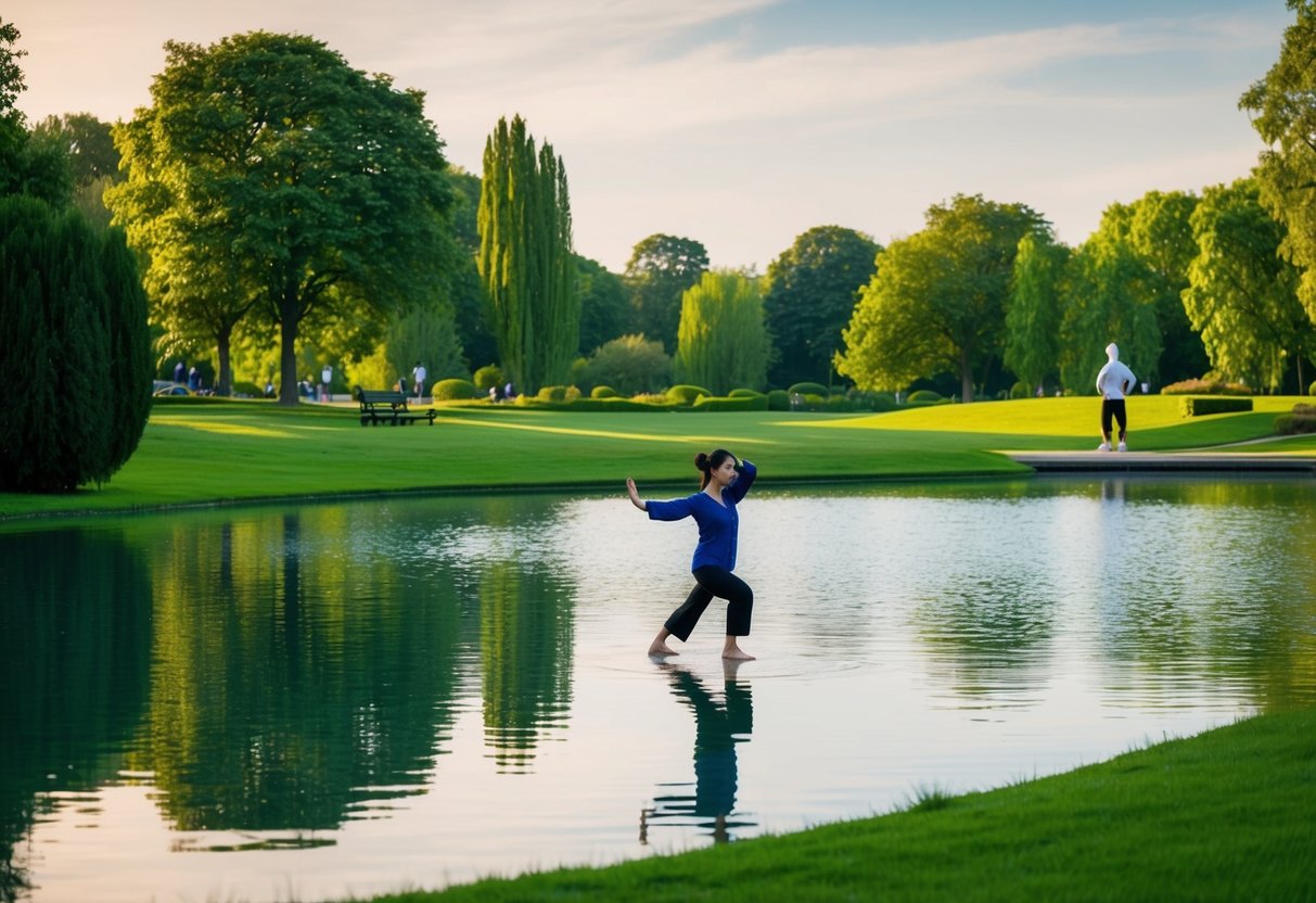 A serene park setting with a tranquil pond and lush greenery, a figure practicing Tai Chi in the distance
