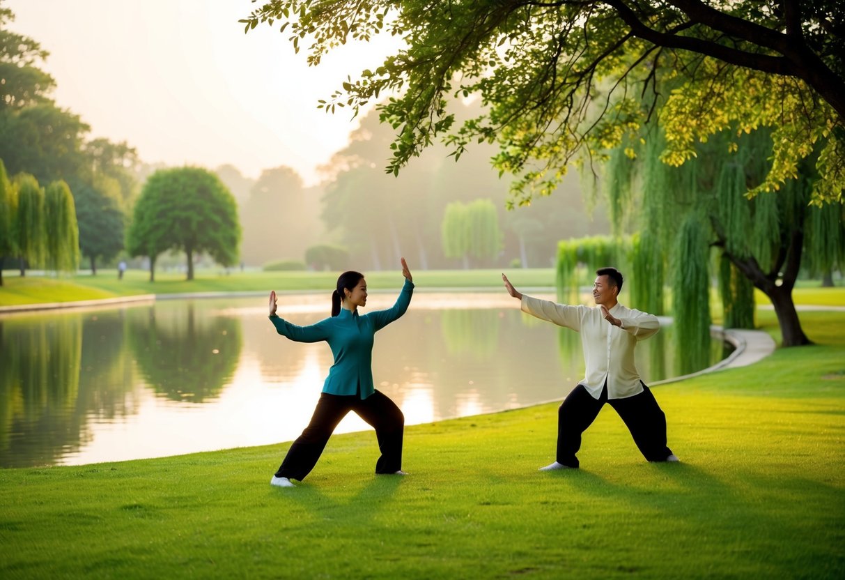 A serene park setting with a tranquil pond, lush greenery, and a soft morning light filtering through the trees. Two figures gracefully move through Tai Chi poses on the grass
