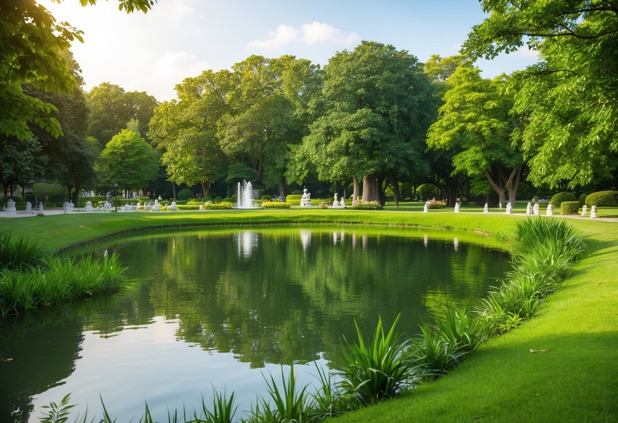 A serene park setting with a tranquil pond, surrounded by lush greenery and a peaceful atmosphere, perfect for practicing Tai Chi