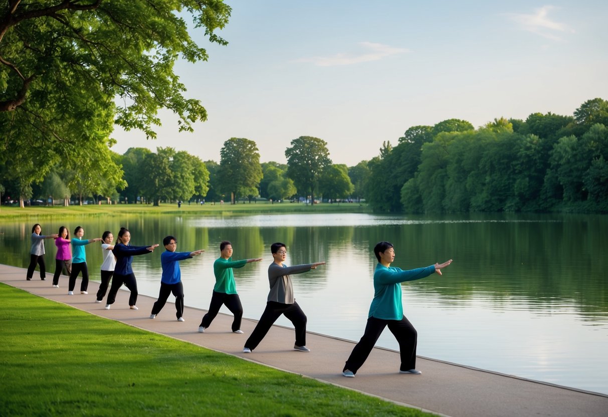 A serene park with a calm lake, surrounded by lush greenery and a clear sky, where a group of people practice Tai Chi in unison