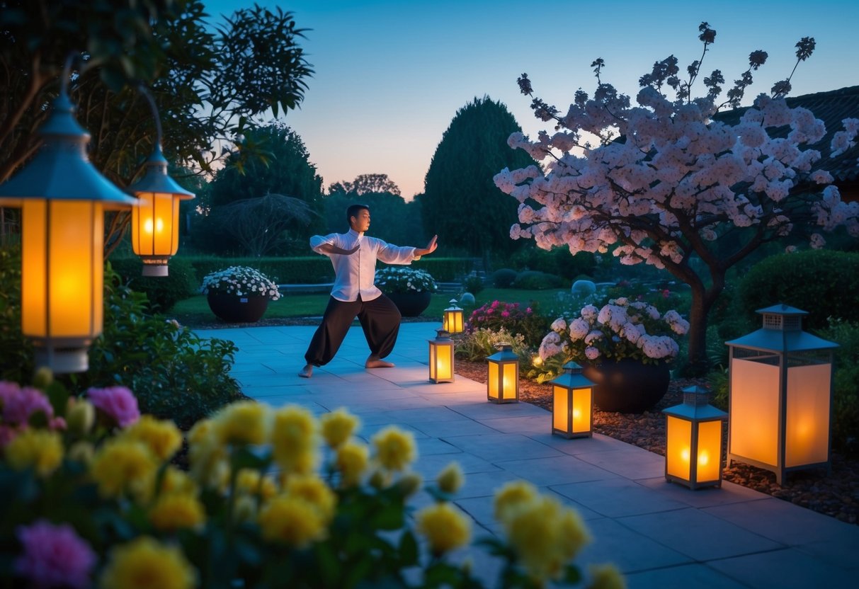 A tranquil garden at dusk, with a figure practicing Tai Chi surrounded by blooming flowers and softly glowing lanterns