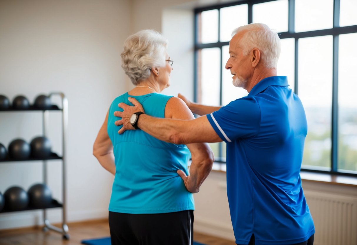 An elderly person consulting with a professional trainer while performing isometric exercises to alleviate back pain