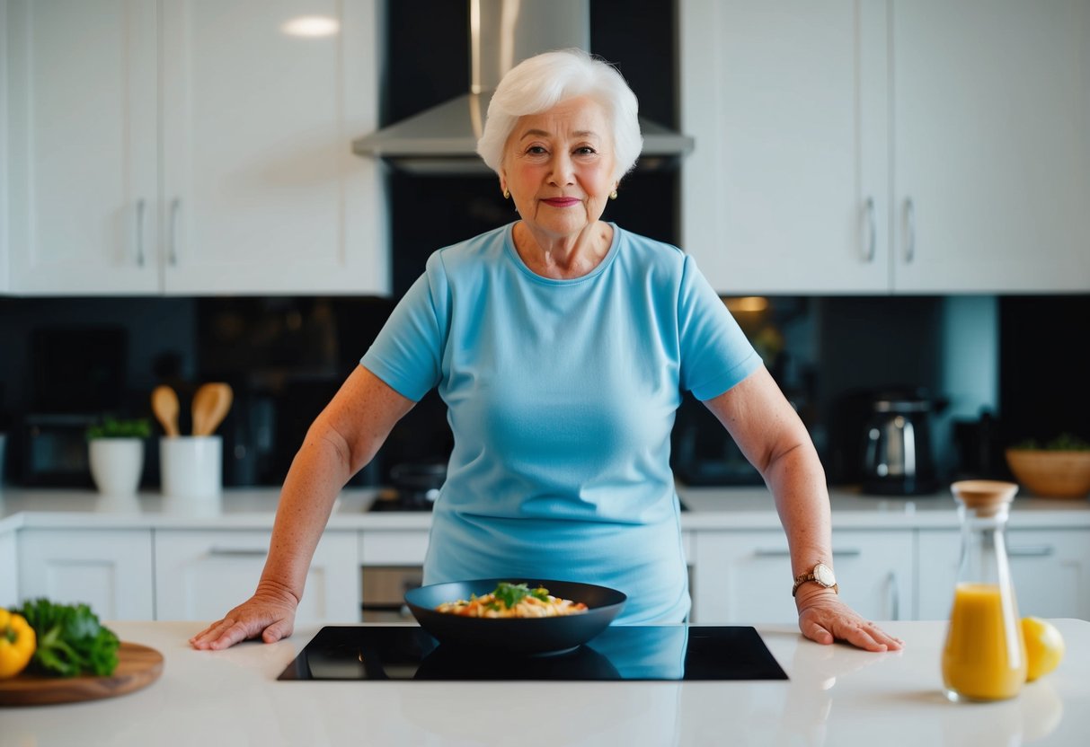 An elderly person standing at a kitchen counter, performing isometric posture exercises while preparing a meal