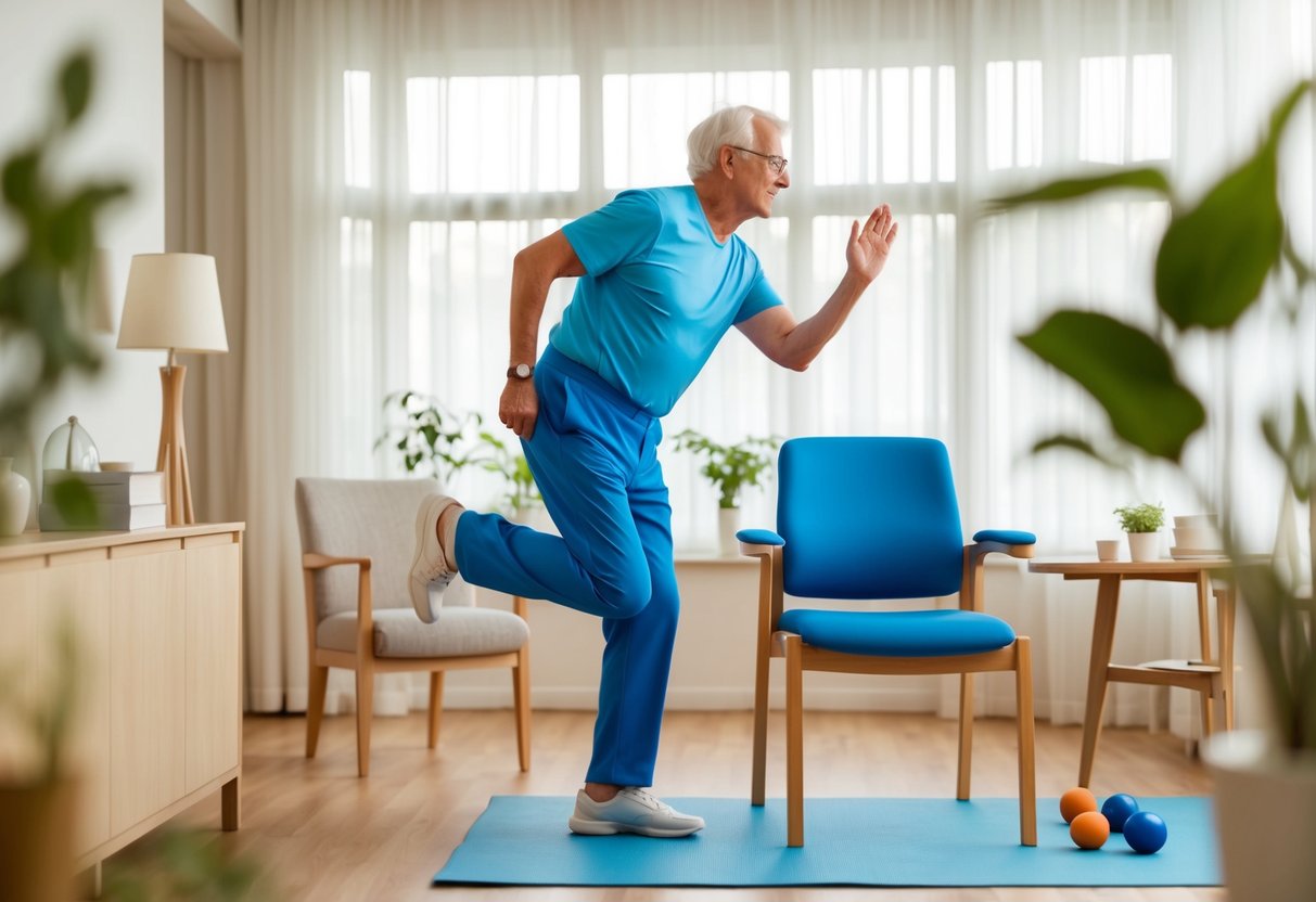 A senior engages in balance exercises at home, using a chair for support. They perform activities such as standing on one leg and reaching for objects