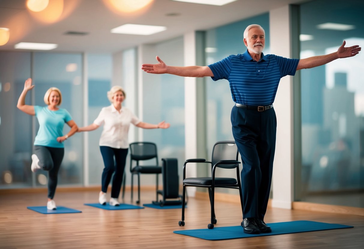 A senior stands on one leg, arms outstretched for balance. Nearby, a chair offers support for stability. Other exercises, like heel-to-toe walking and leg lifts, are also depicted