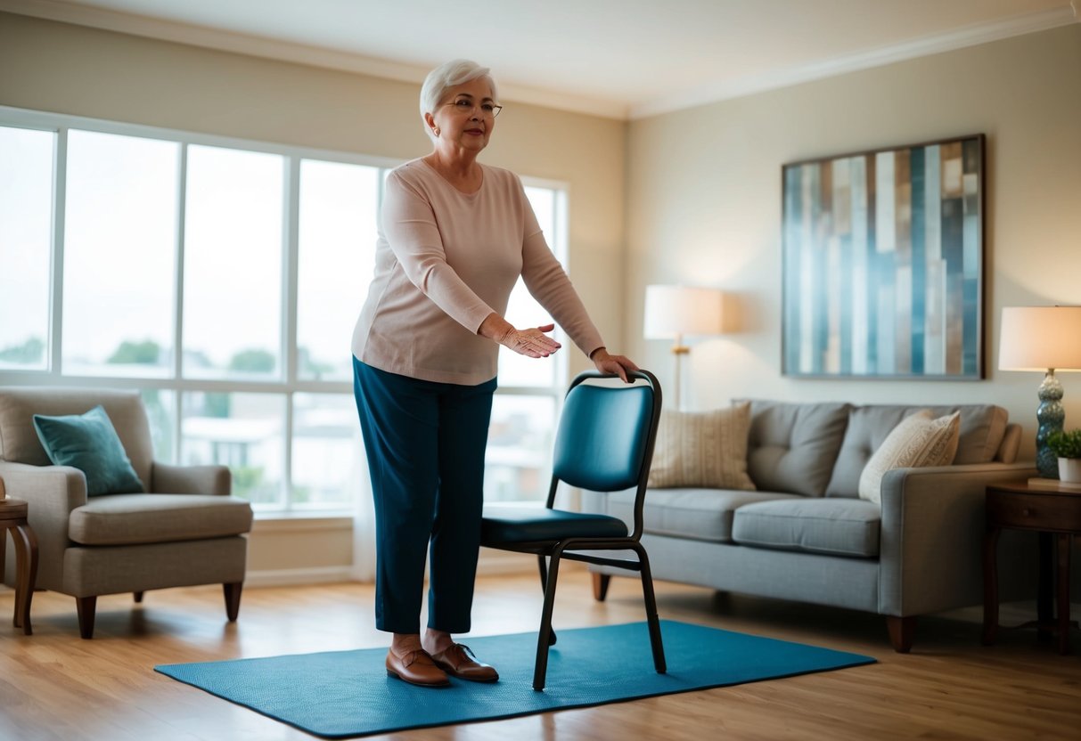 A senior uses a chair for support while standing on one leg, eyes focused ahead, practicing balance exercises in their living room