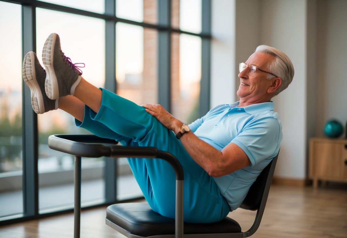 A senior using a chair for support while performing a standing leg lift exercise