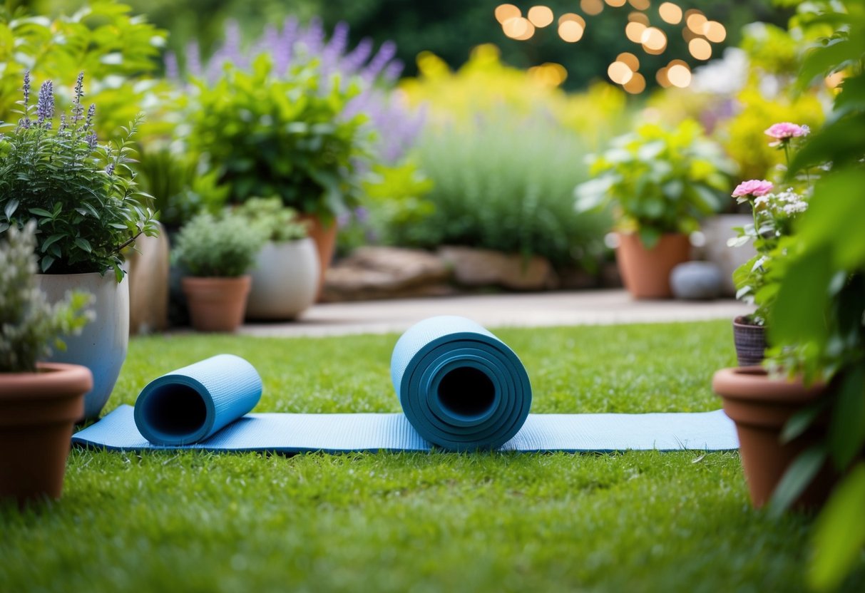 A serene garden with a senior-friendly yoga mat and props, surrounded by lush greenery and peaceful surroundings