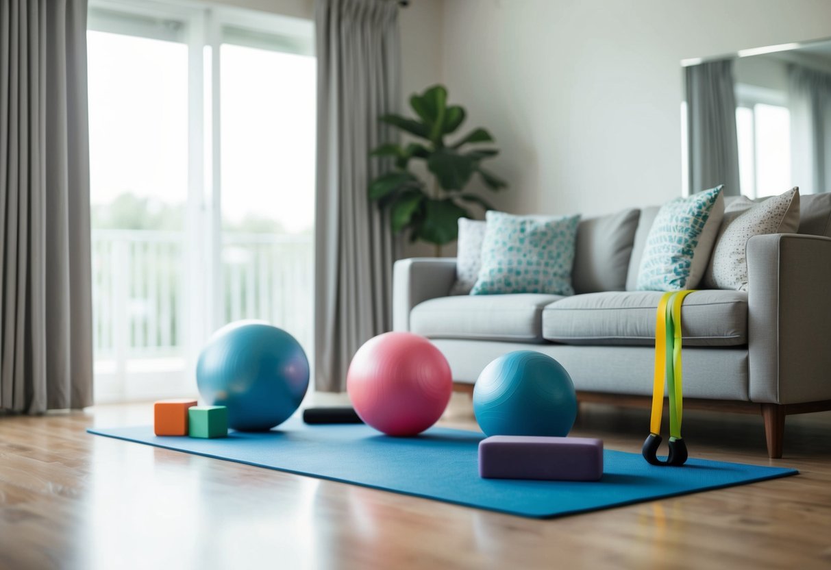 A serene living room with a senior-friendly exercise mat and various balance training props such as stability balls, resistance bands, and yoga blocks