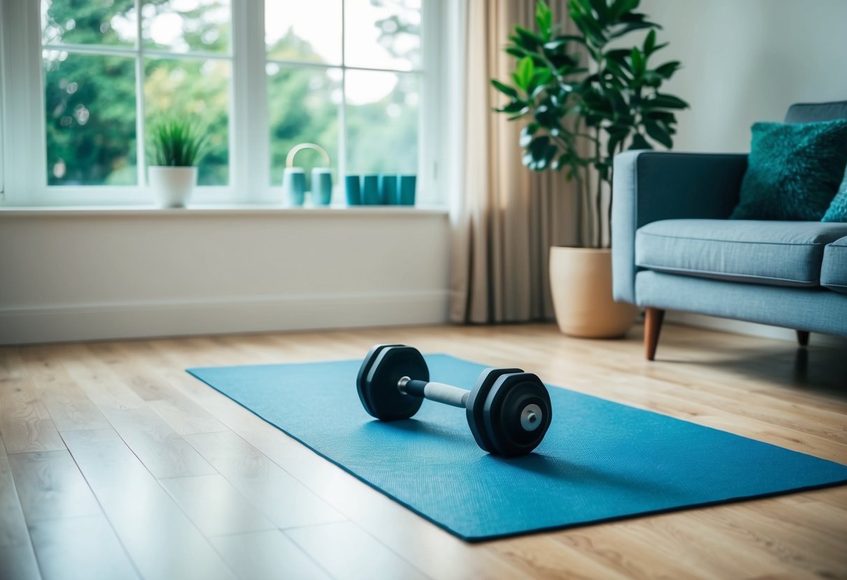 A serene living room with a yoga mat and a set of hand weights on the floor. A large window lets in natural light, and a potted plant adds a touch of greenery