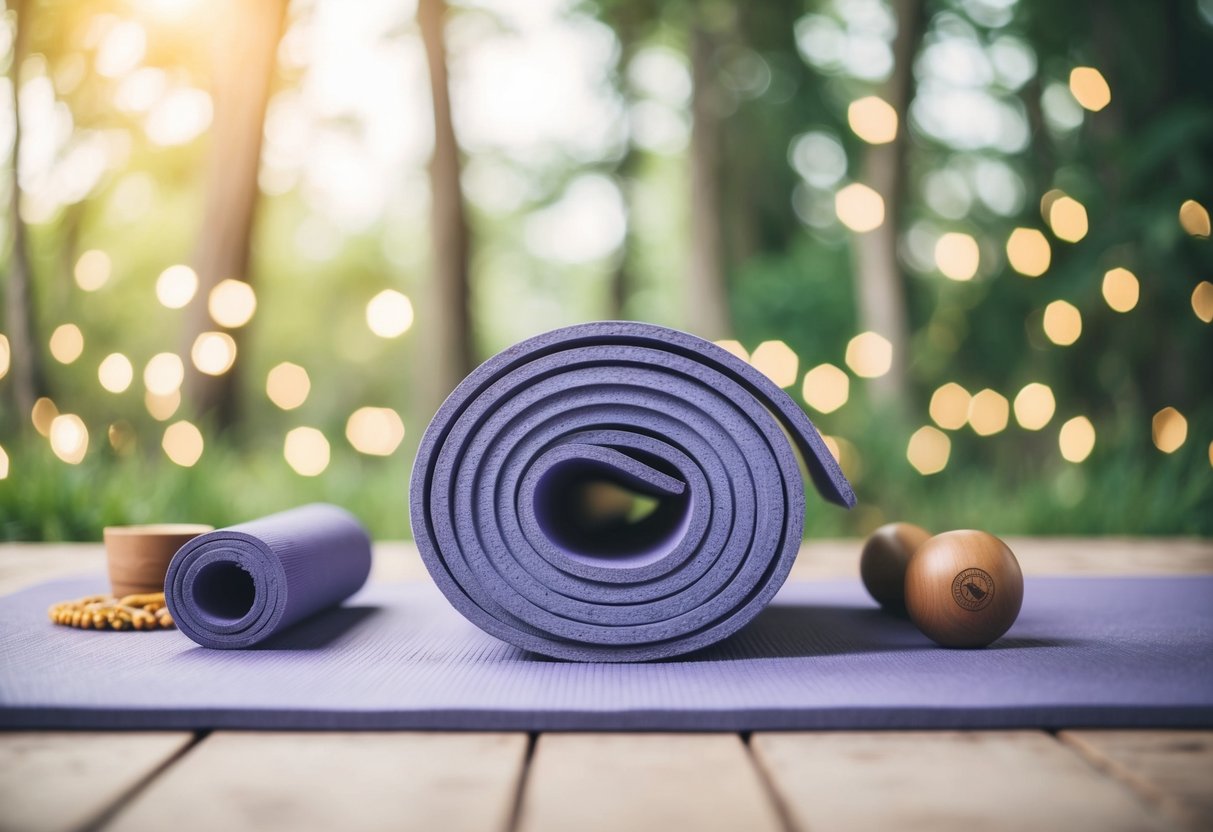 A serene setting with a senior-friendly yoga mat and props, surrounded by peaceful nature and soft lighting