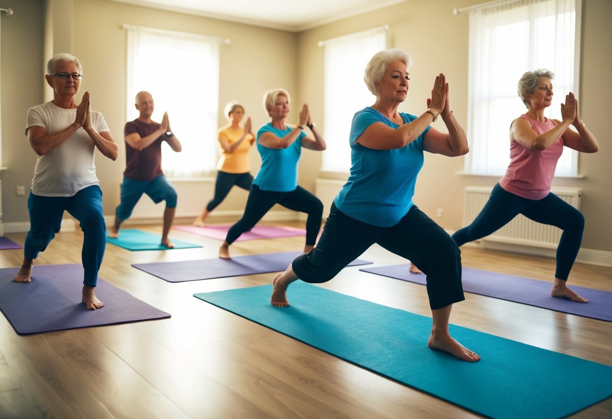 A serene, sunlit room with a group of seniors practicing isometric yoga poses on colorful mats