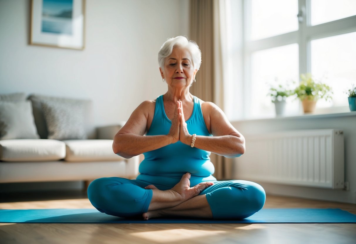 An elderly person practicing isometric yoga poses with a serene and focused expression in a quiet, sunlit room