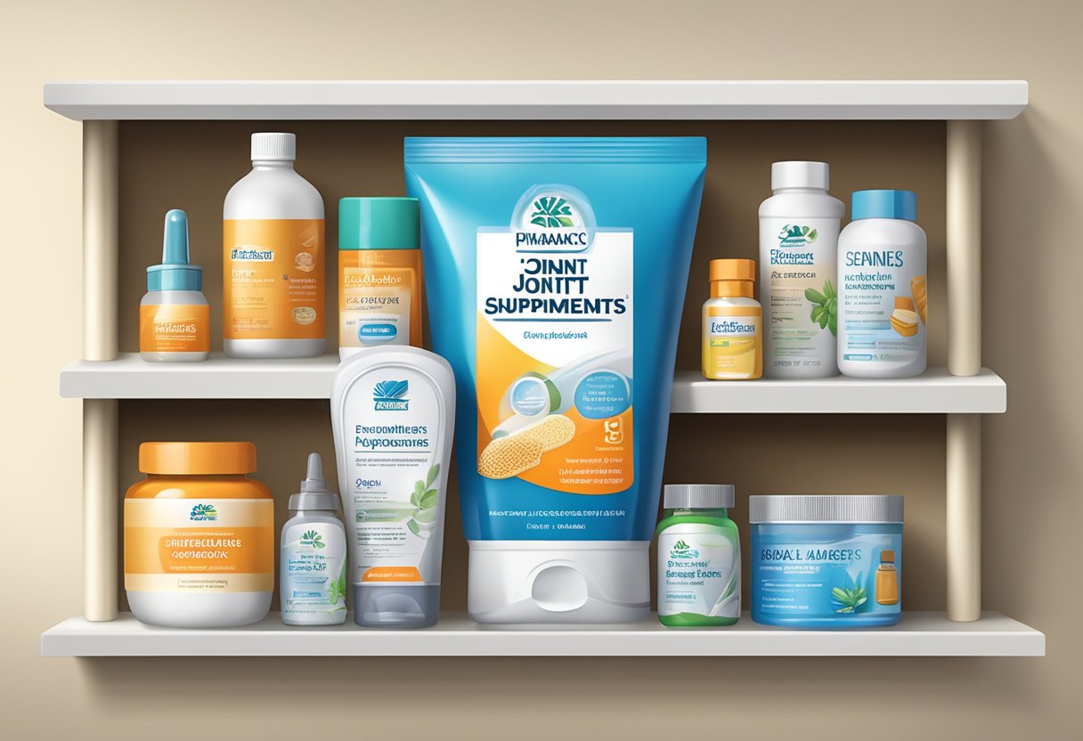 A bottle of joint supplements surrounded by various types of joint care products, such as braces, heating pads, and exercise equipment, displayed on a shelf in a pharmacy